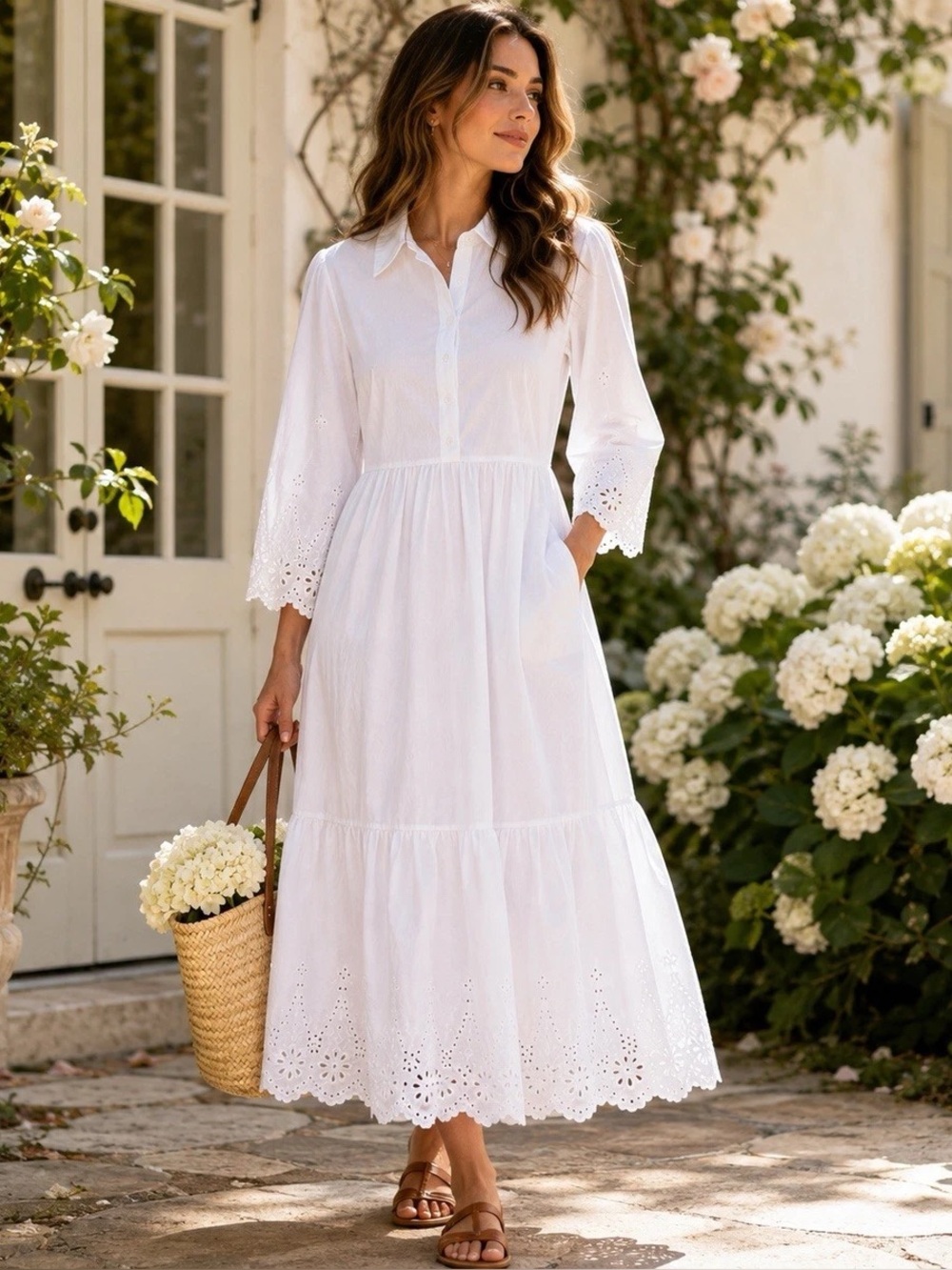 Cynthia Rowley White Eyelet Cotton Tiered Midi/Maxi Shirt Dress w/ pockets - Sm